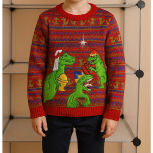 Blizzard Bay Boys Ugly Christmas Dinosaur Sweater Bright Red Combo Size S NWOT